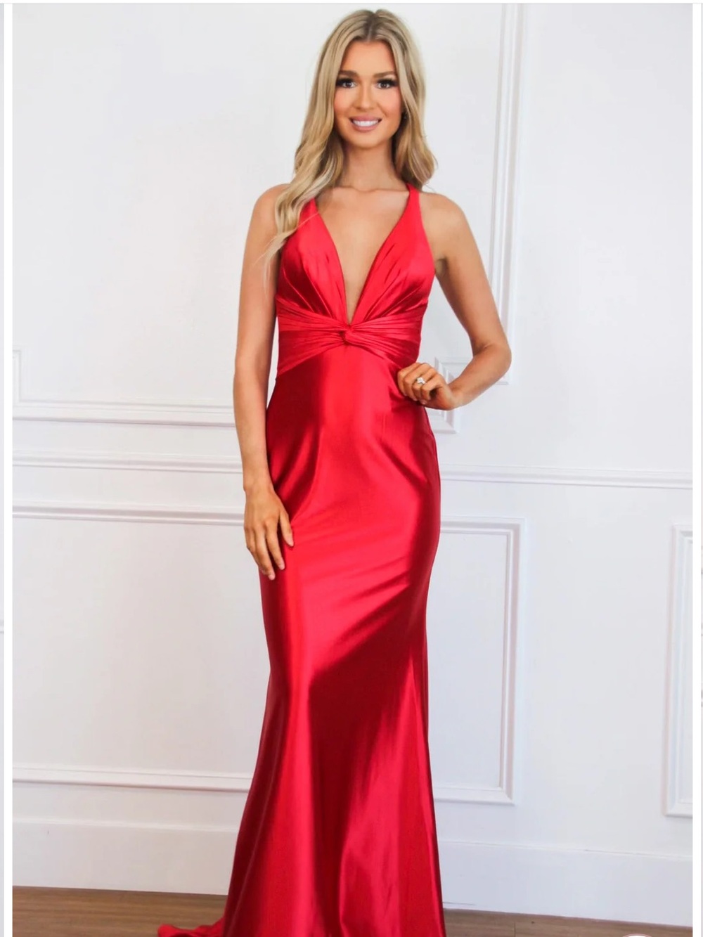 Red Satin Backless Plunge Evening Gown